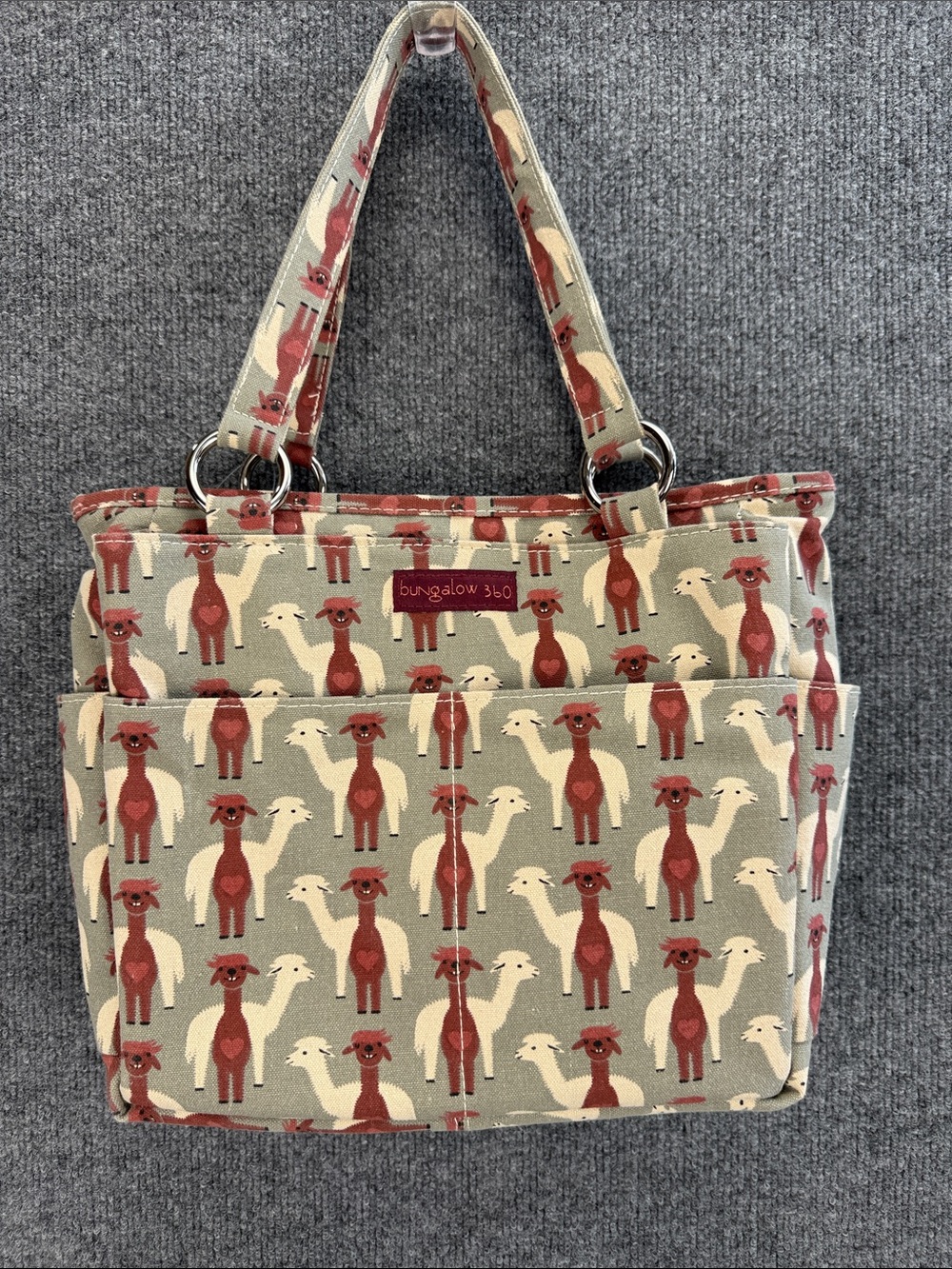 Bungalow 360 Beige Alpaca Tote - Rust and Off White on Sage Background